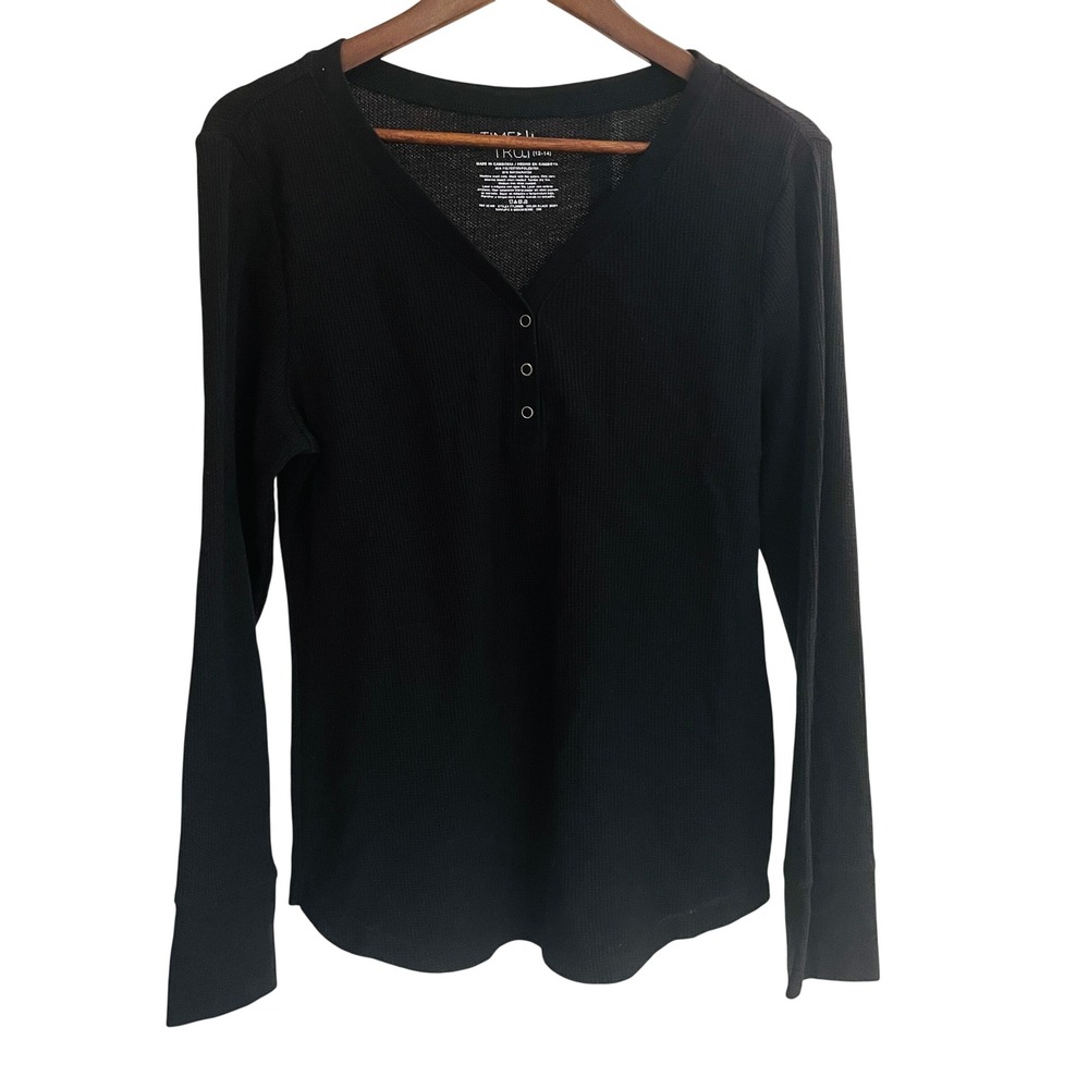 Womens Goth Grunge Waffle Knit Snap Henley Top Size L Black Fall Basic Capsule